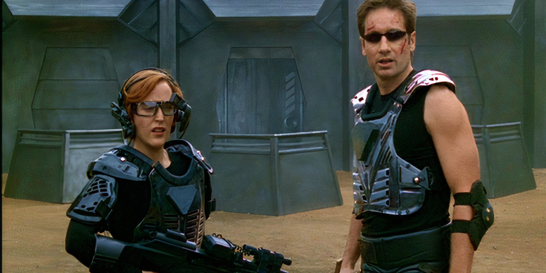 gillian anderson and david duchovny in tactical gear for x-files episode first person shooter