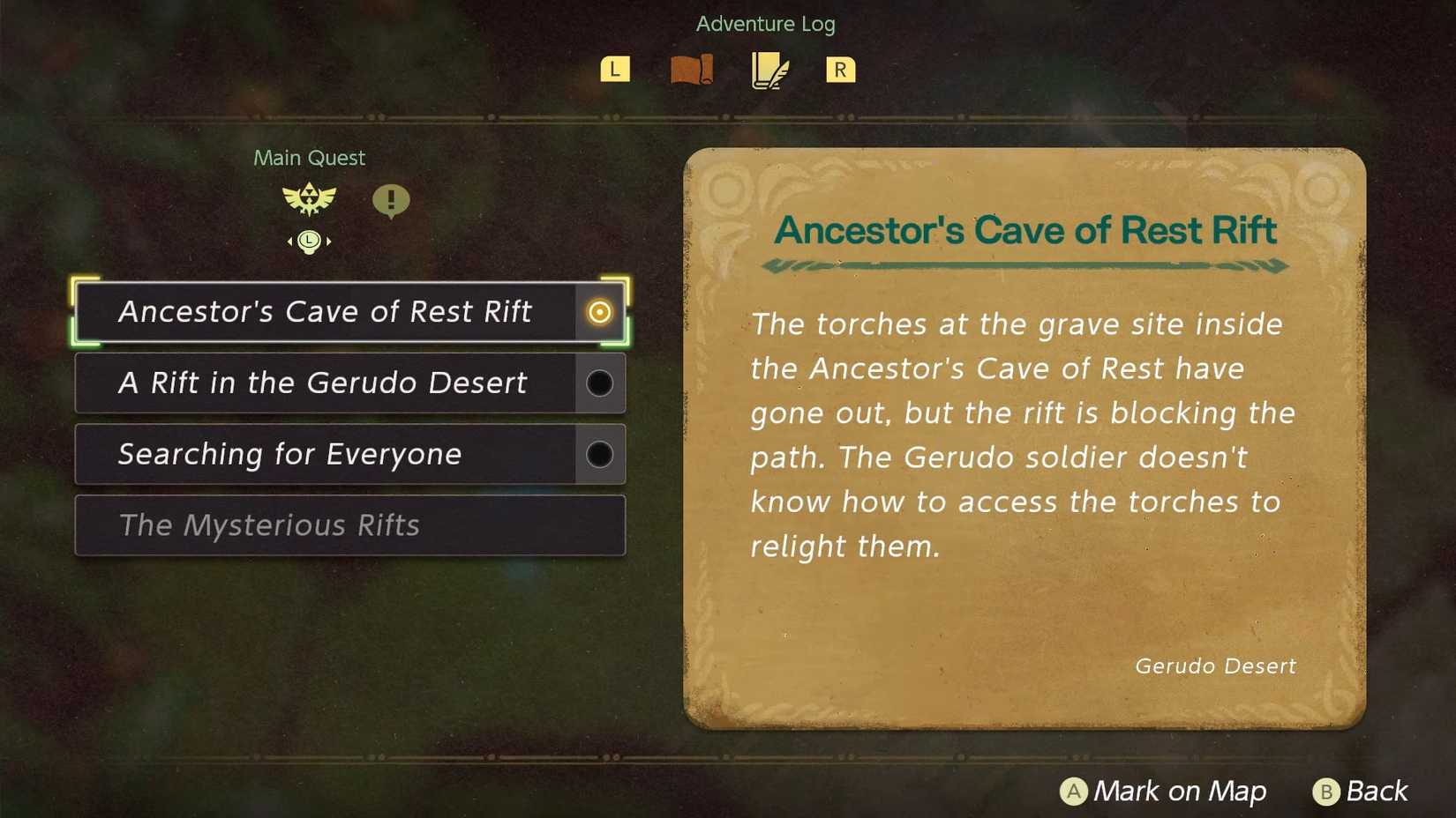 Screenshot of the Adventure Log in Zelda: Echoes of Wisdom, on a page showing the main quest details.