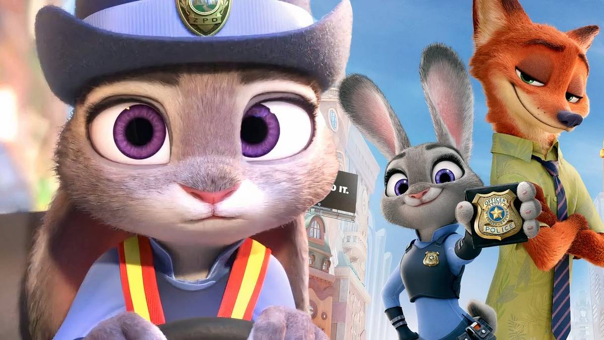 A composite image of Judy Hopps driving sadly in front of Judy and Nick standing back to back on the street in Zootopia