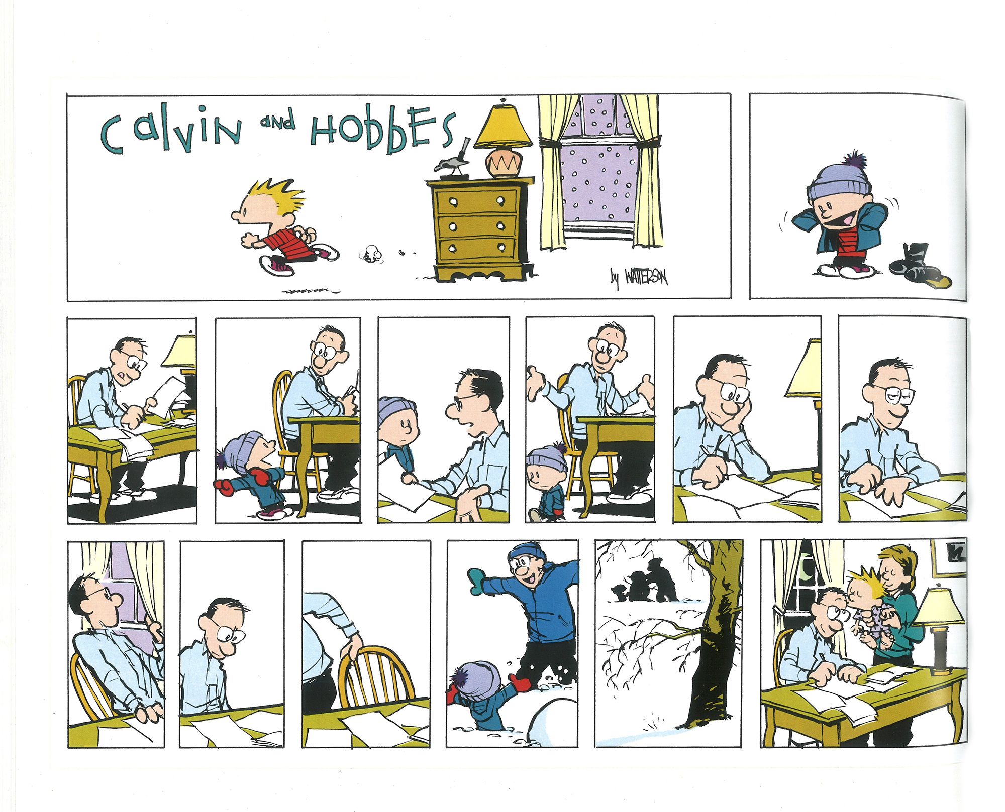 In a Sunday comic without dialogue, Calvin invites his dad to play outside in the snow with him. His dad says no, explaining that he's doing paperwork and paying bills. Finally, he decides to play in the snow with his son, and they have a wonderful day together.