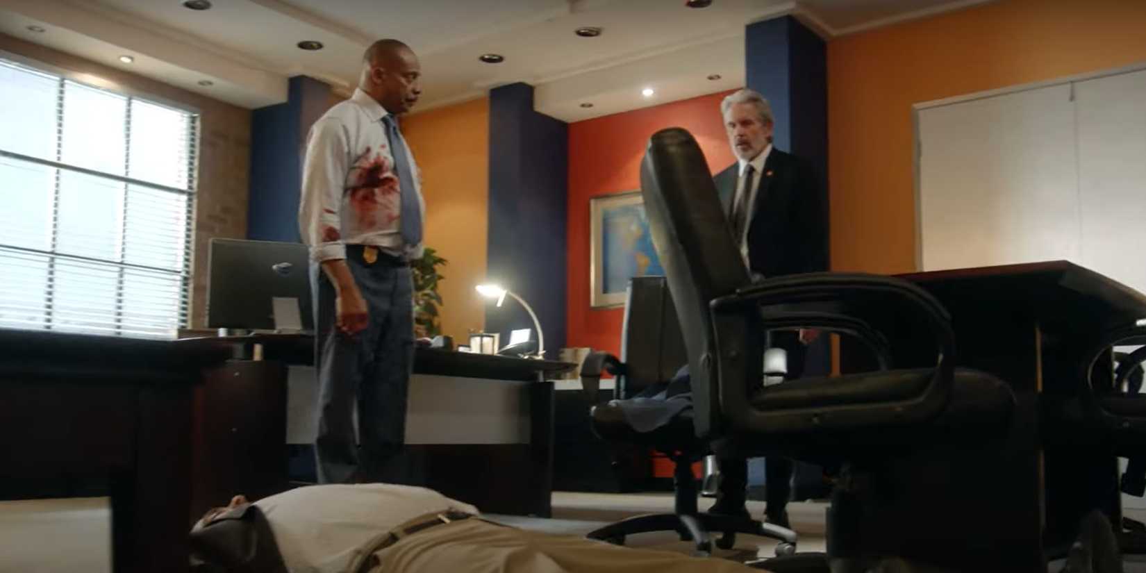 a bloody Vance standing in his office with Parker and a dead body in NCIS season 22