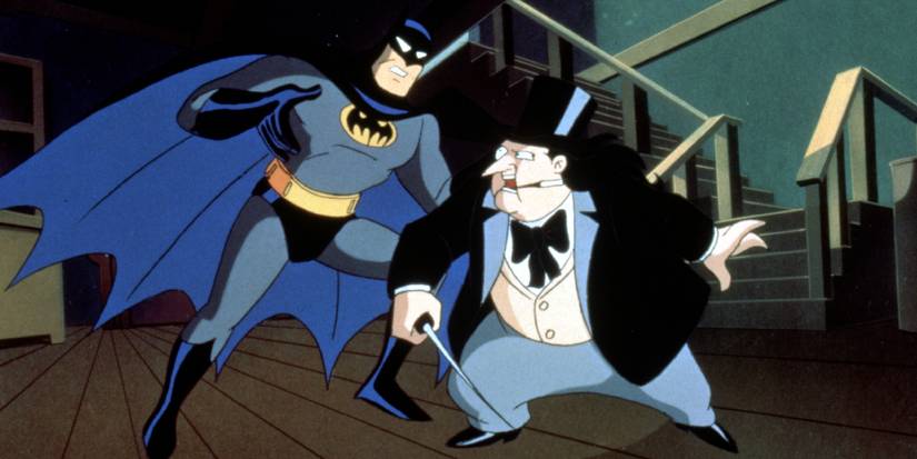 Batman fighting with the Penguin in Batman: The Animated Series