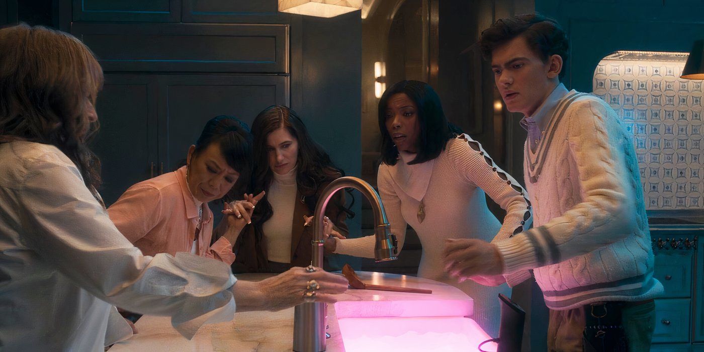 Agatha's coven stands around Jennifer's potion brewed during the Witches' Road first trial in Agatha All Along (2024) episode 3