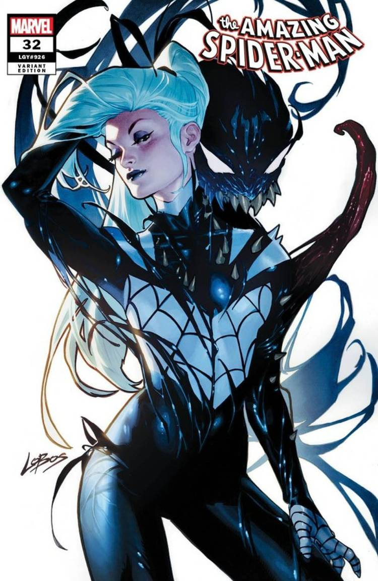 Black Cat stands merged with the Venom symbiote revealing a black and white suit