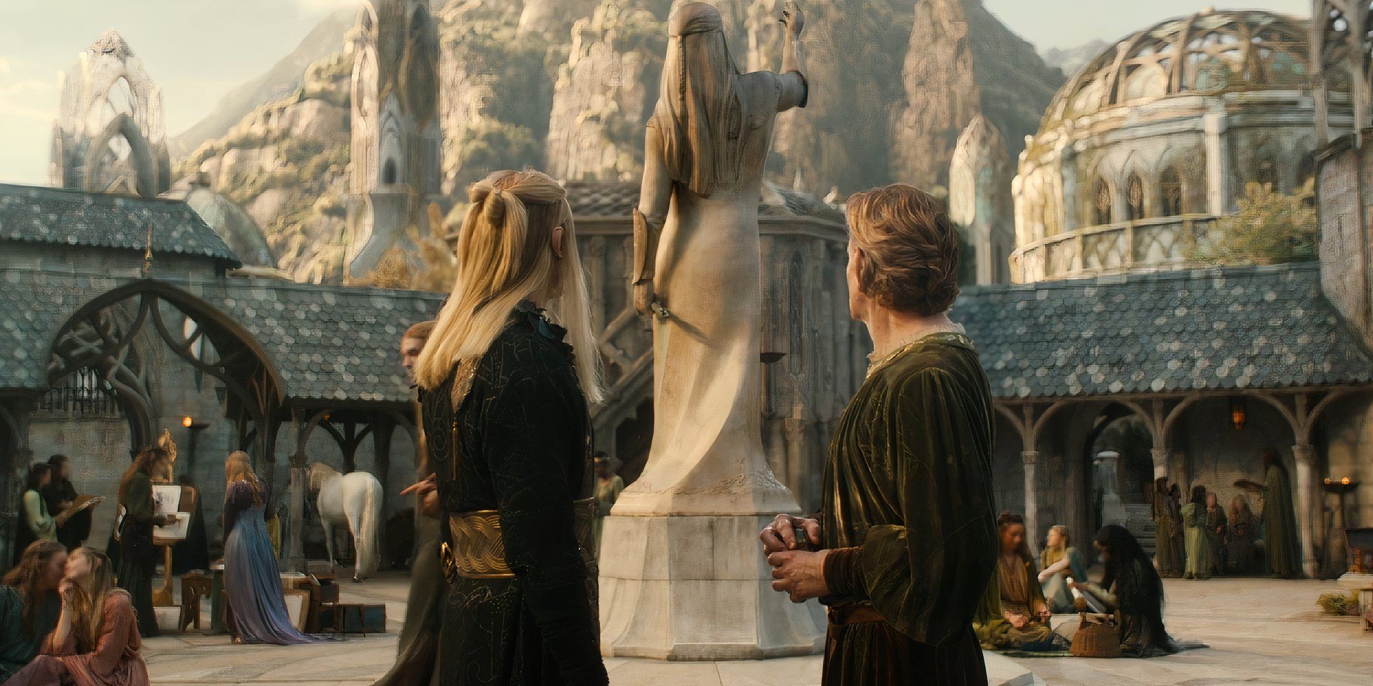 Annatar and Celebrimbor looking at Feanor's statue