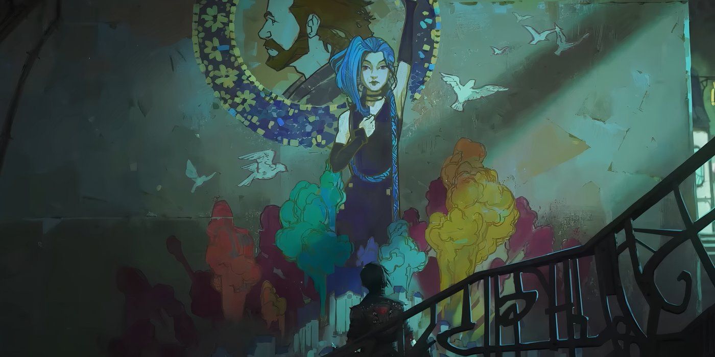 Vi looking at graffiti of Jinx and Vander in Zaun - Arcane season 2