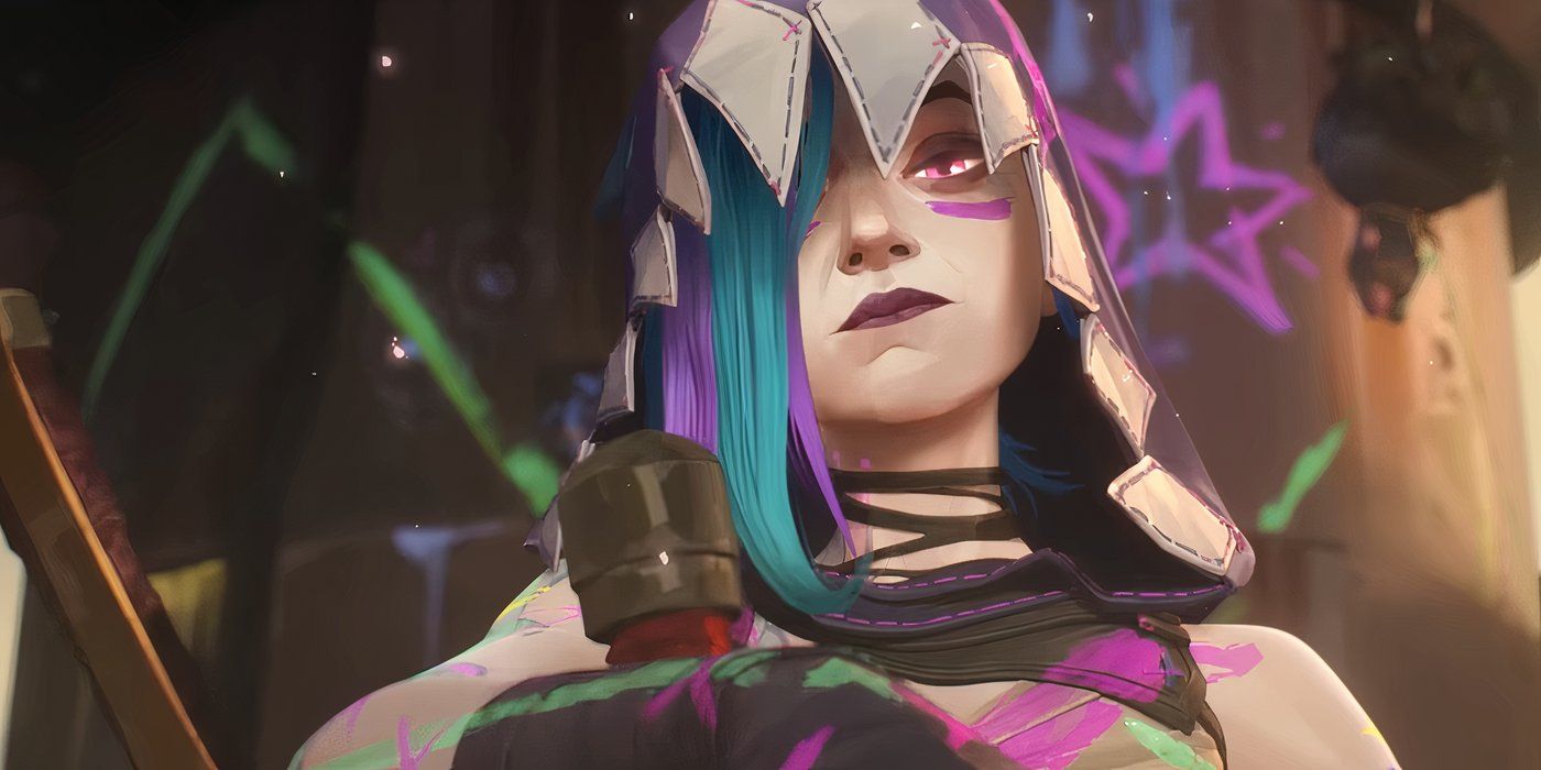 Jinx looking smugly in her hood looking toward the camera in Arcane season 2