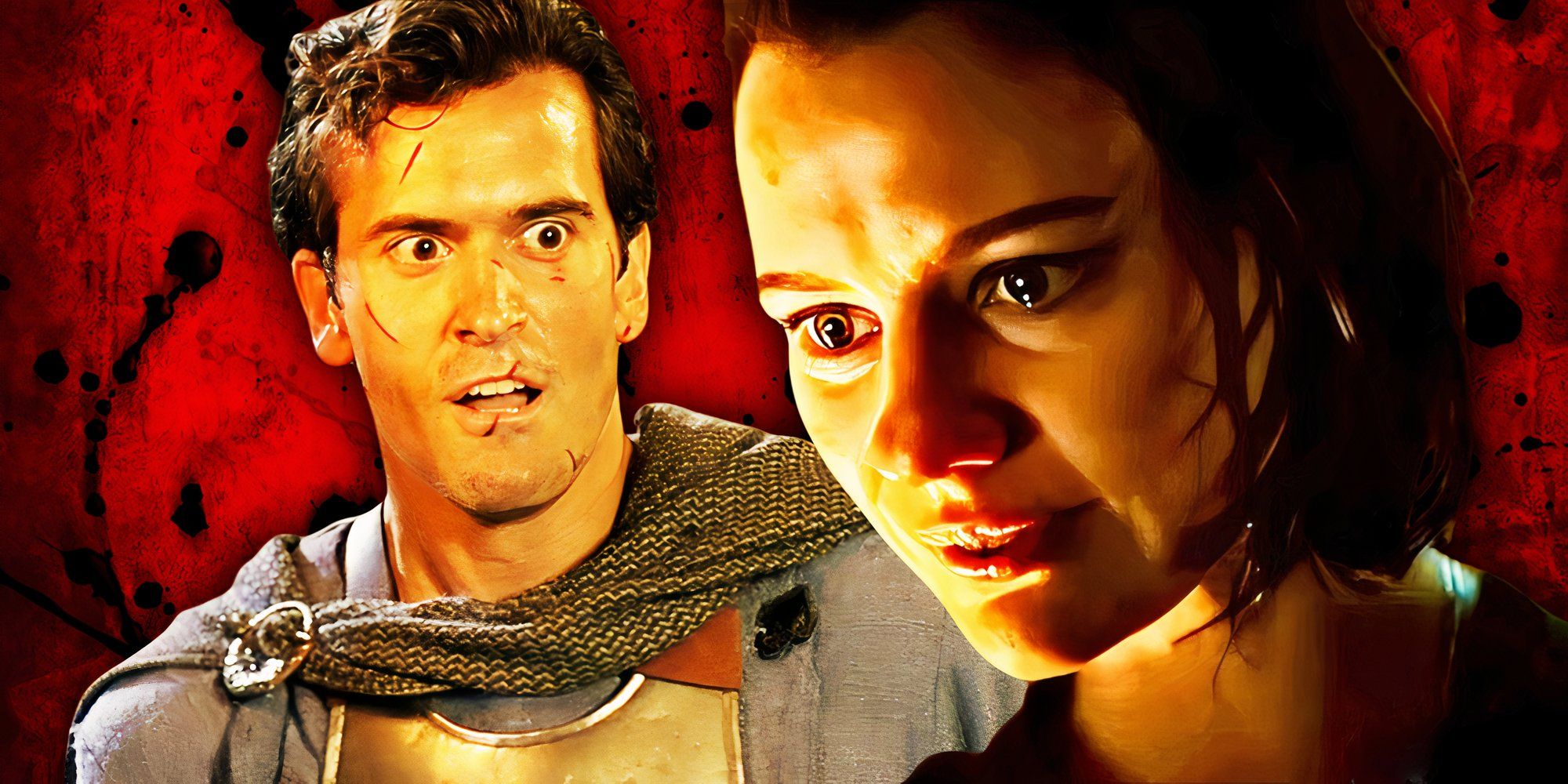 Army of Darkness Bruce Campbell as Ash Williams next to Lily Sullivan as Beth in Evil Dead Rise