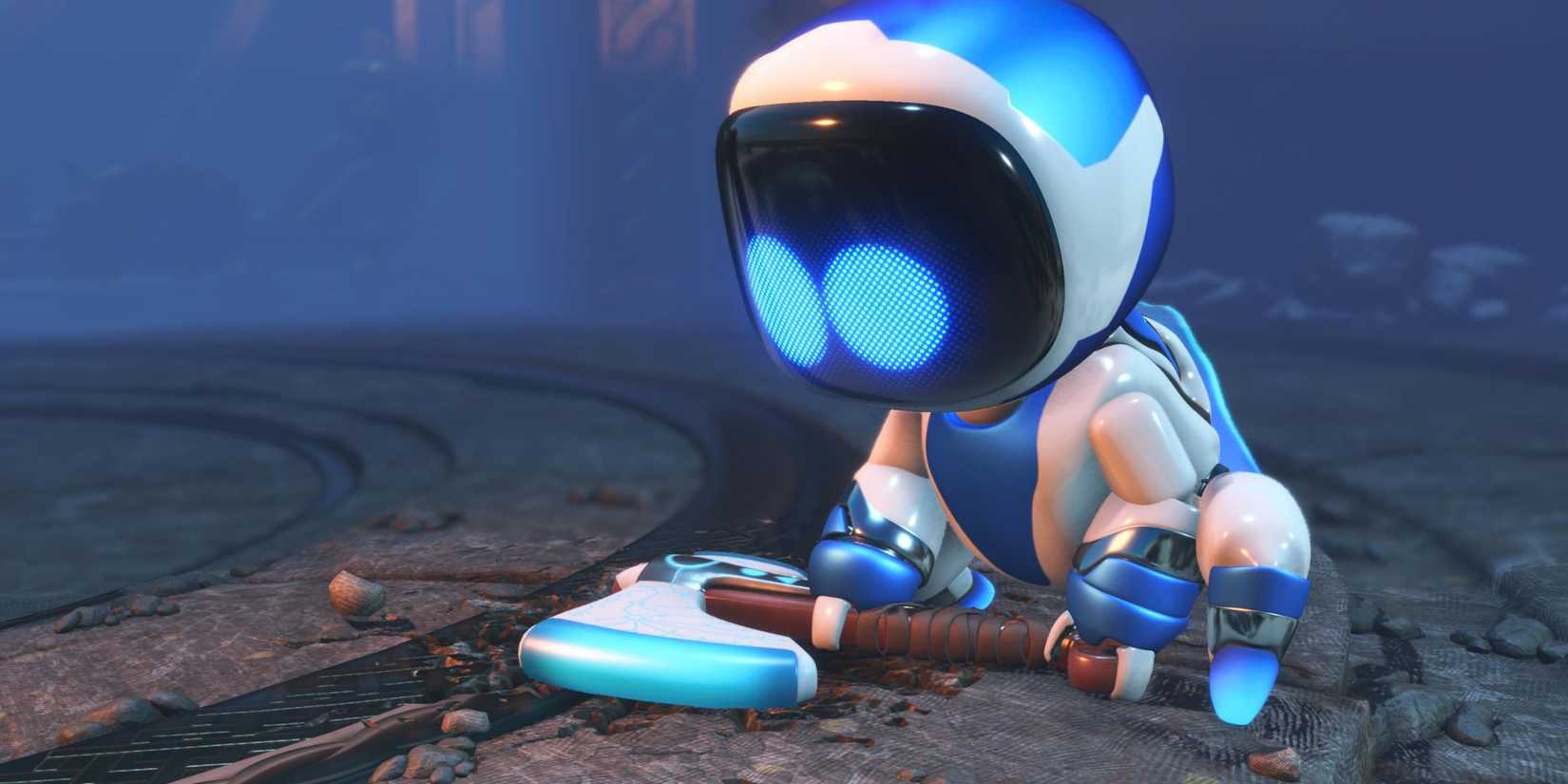 Astro Bot holding Kratos hammer