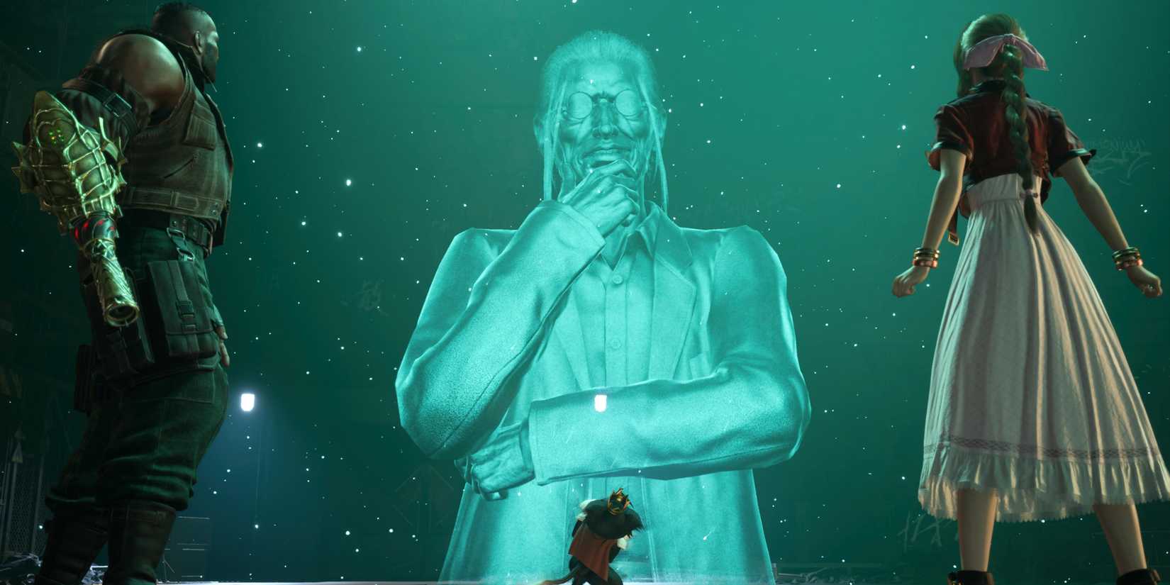 Barret Cait Sith and Aerith in front of a hologram of Hojo in FF7 Rebirth.