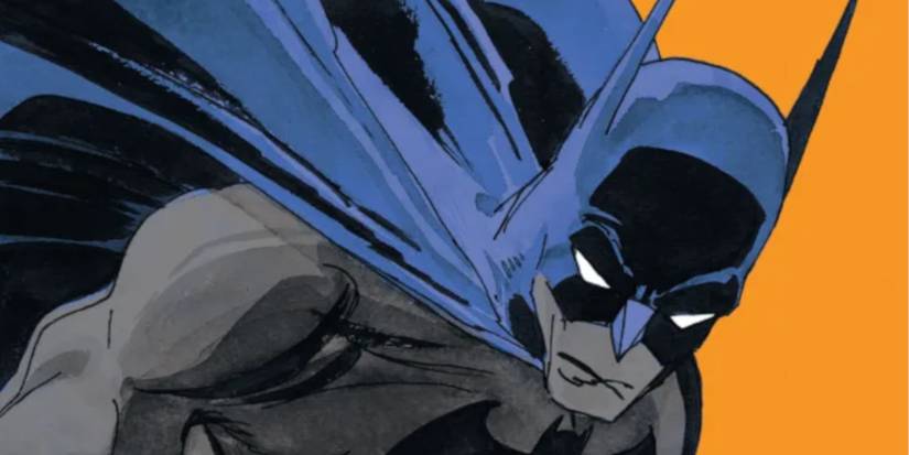 Comic book art: Batman leans forward against an orange background.