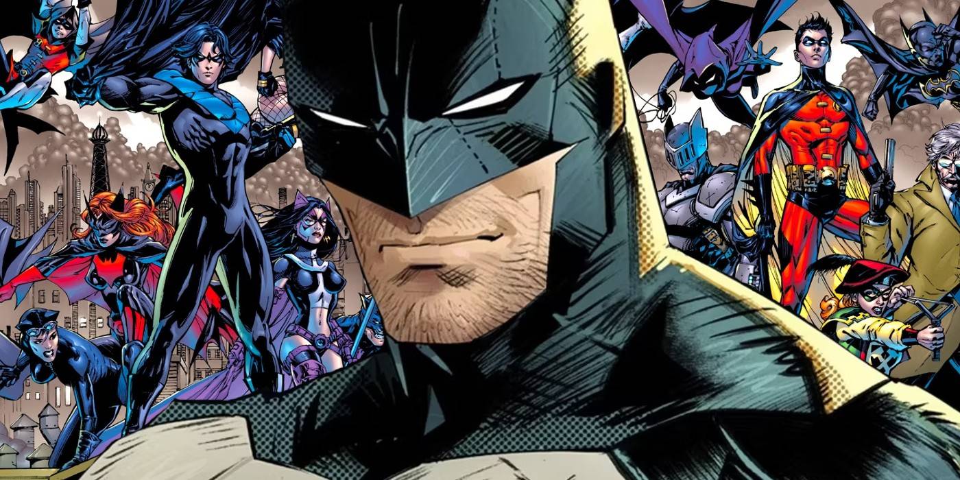Comic book art: Batman with the extended Bat-Family in background.