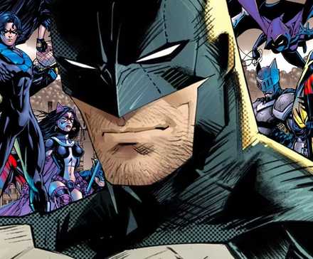 Иллюстрация комикса: Бэтмен с расширенной "Бат-семьей" на заднем плане.