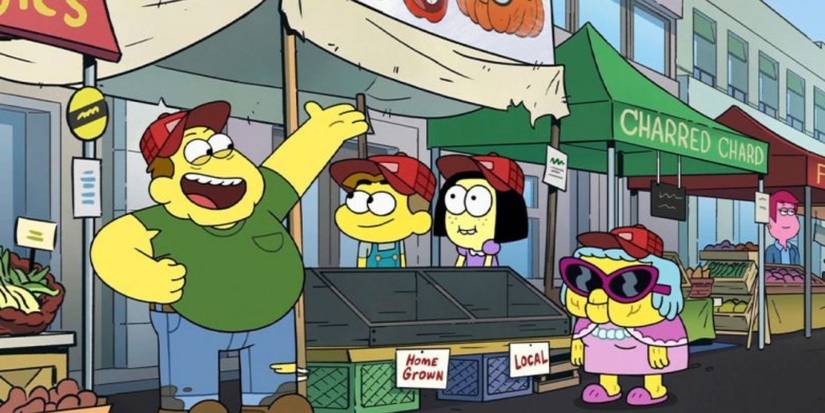 The Green family members standing by a farmer's market stand in the Big City Greens episode Squashed