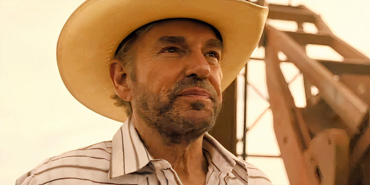 Billy Bob Thornton in a Cowboy Hat in Front of an Oil Rig in Landman