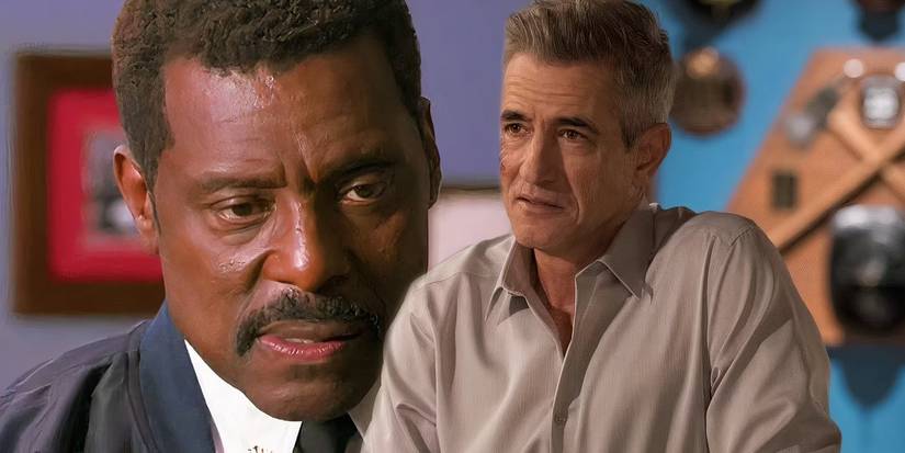 Eamonn Walker as Wallace Boden in the Chicago Fire season 12 finale next to Dermot Mulroney as Greg Tanner in Station 19