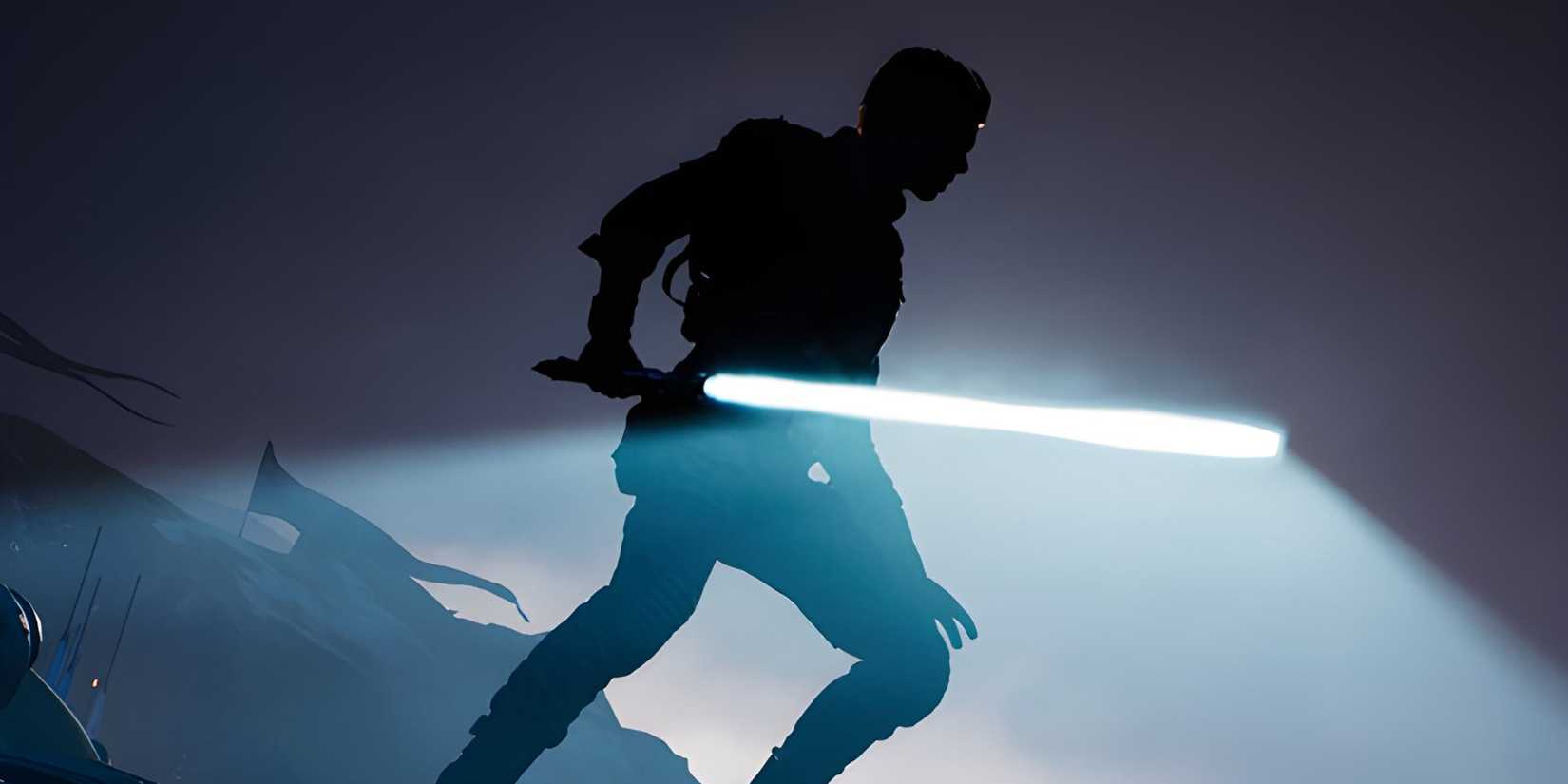 Cal Kestis shrouded in shadow, holding a lightsaber in art from Star Wars Jedi.