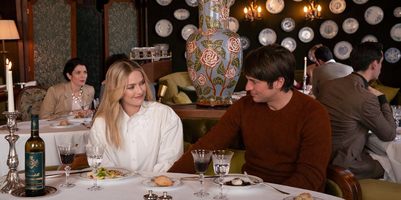 Camille (Camille Razat) and Gabriel (Lucas Bravo) enjoy lunch in Emily in Paris season 4, part 2