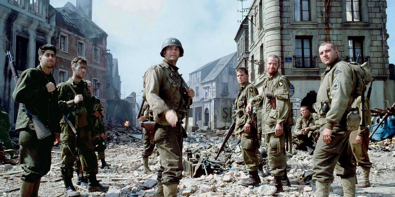 Captain Miller and his squad standing in a destroyed French town in Saving Private Ryan