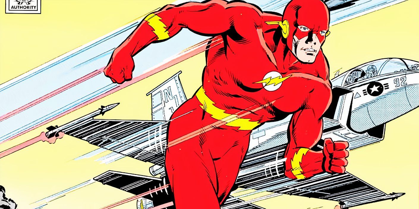 Classic image of the Flash racing ahead of a fighter jet in the background.