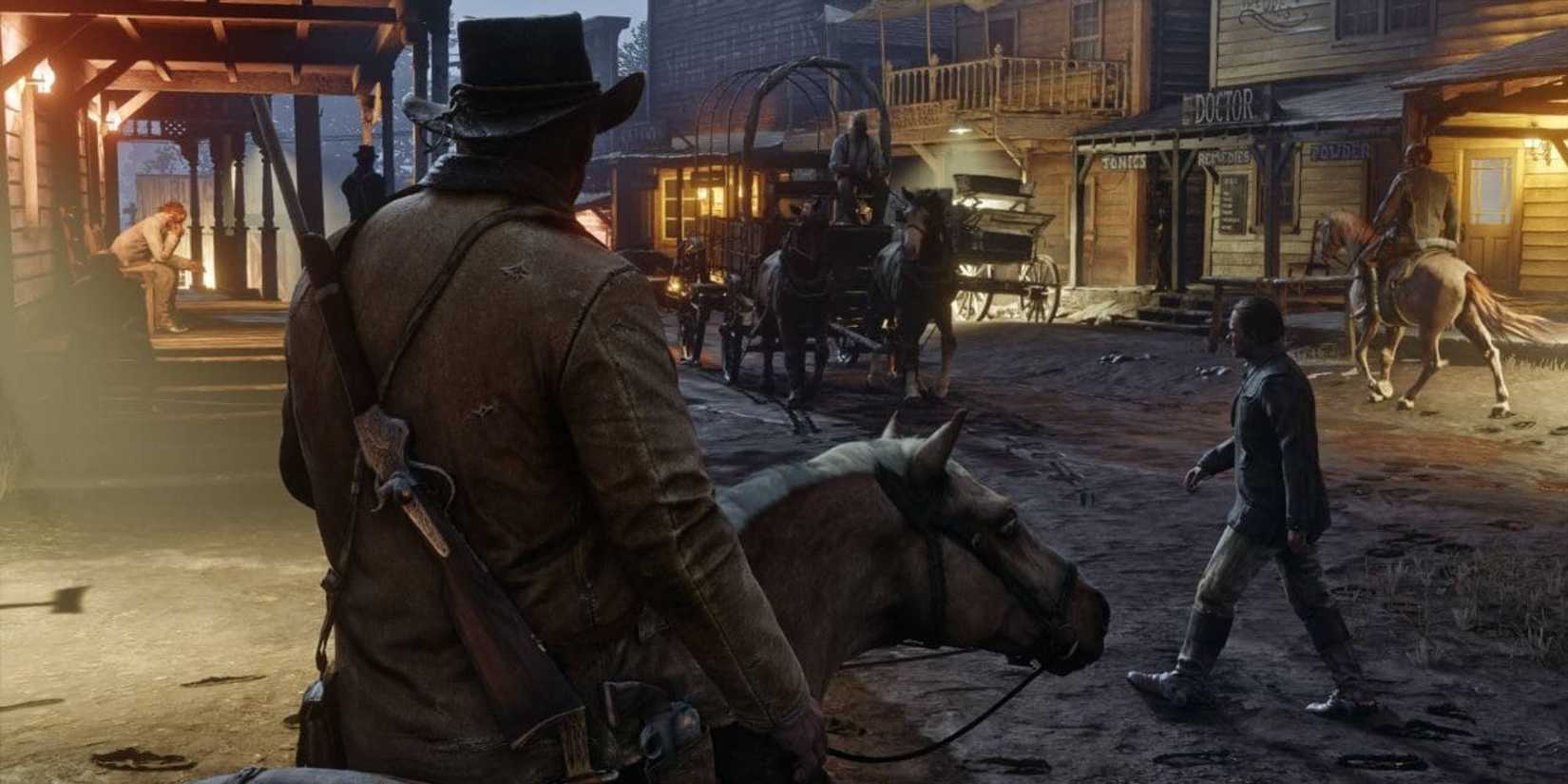 Arthur Morgan walking through a town at night on a horse.