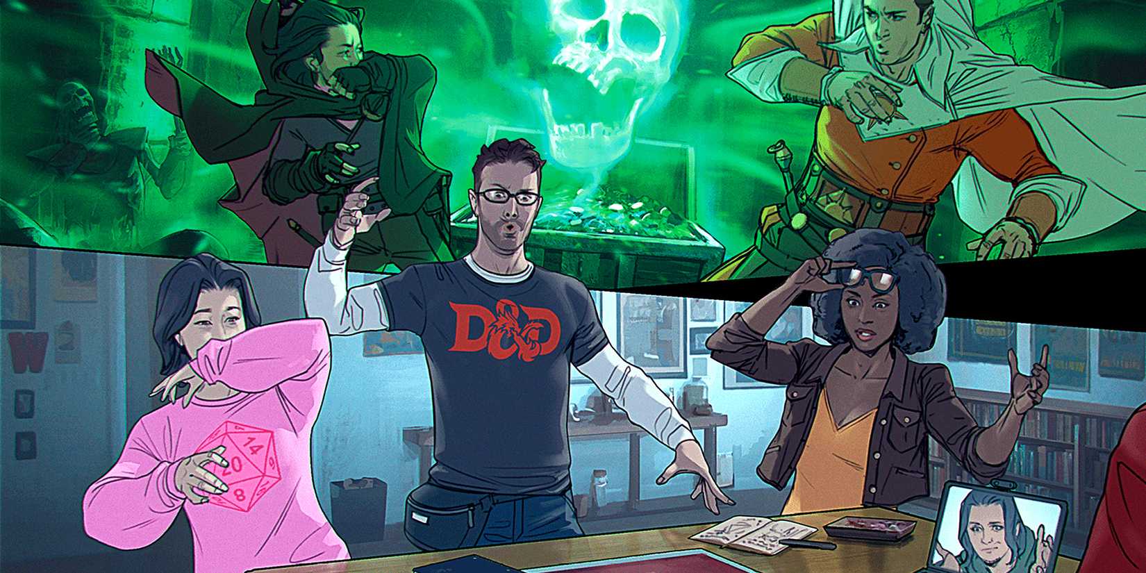 A group playing D&D in illustrations by the 2024 player's manual.