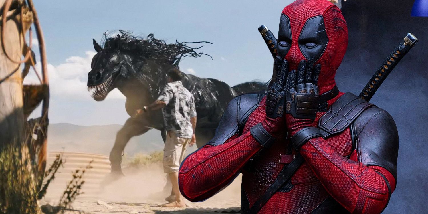 Deadpool from the movies looks excited, comped over a screencap of Eddie Brock and Venom Horse from Venom: The Last Dance.