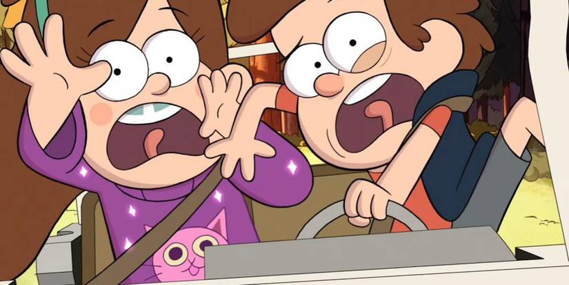 Dipper and Mabel driving golf cart in Gravity Falls