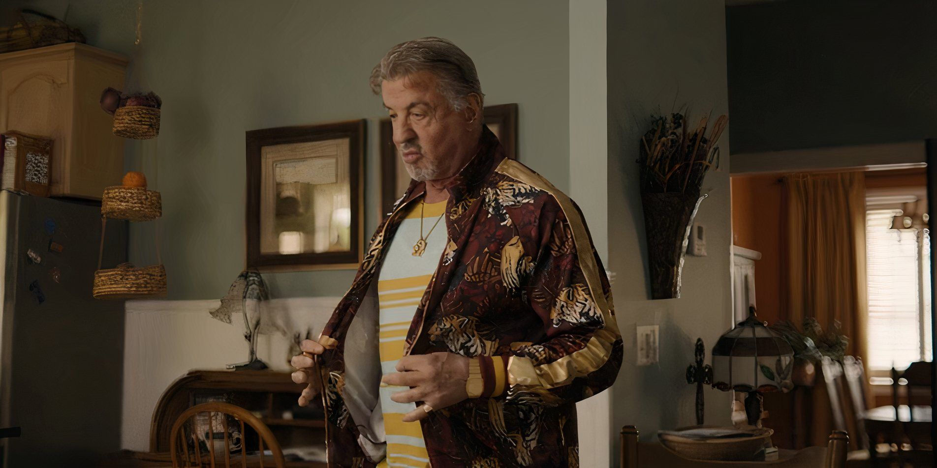 Dwight Manfredi (Sylvester Stallone) in Tyson's clothes in Tulsa King season 2, episode 2