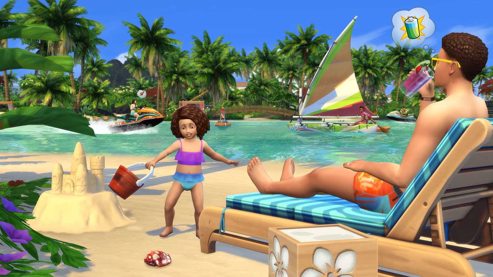 Sims 4 Island Living showing girl on the beach, another Sim sunbathes on a chair