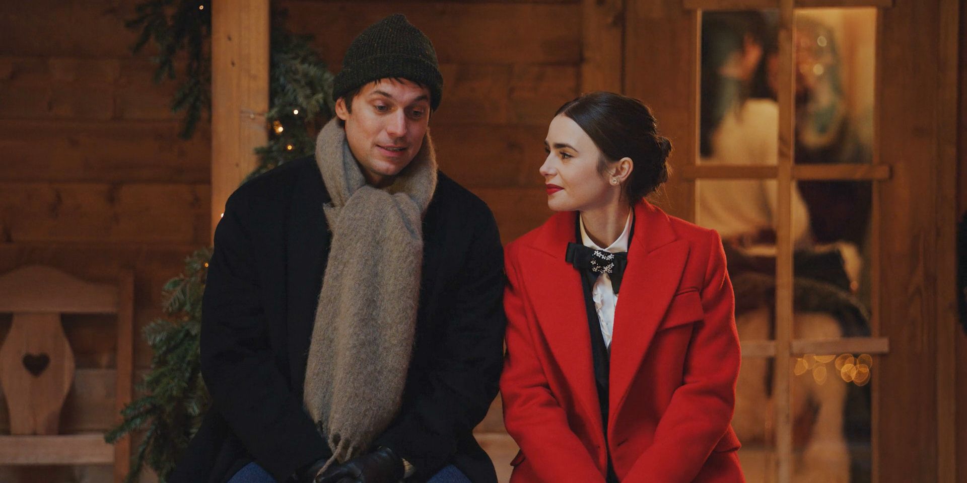 Gabriel (Lucas Bravo) asks Emily (Lily Collins) if he can spend Christmas with Camille's family in Emily in Paris Season 4 Episode 6