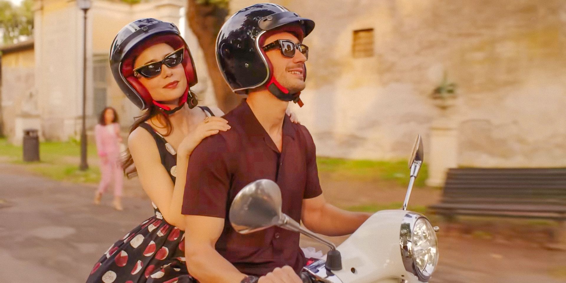 Emily (Lily Collins) and Marcello (Eugenio Franceschini) riding a Vespa through Rome in Emily in Paris Season 4 Part 2 trailer