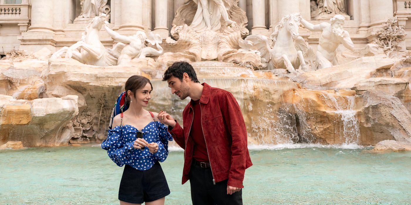 Emily (Lily Collins) and Marcello at the Trevi Fountain in Rome in Emily in Paris season 4, part 2