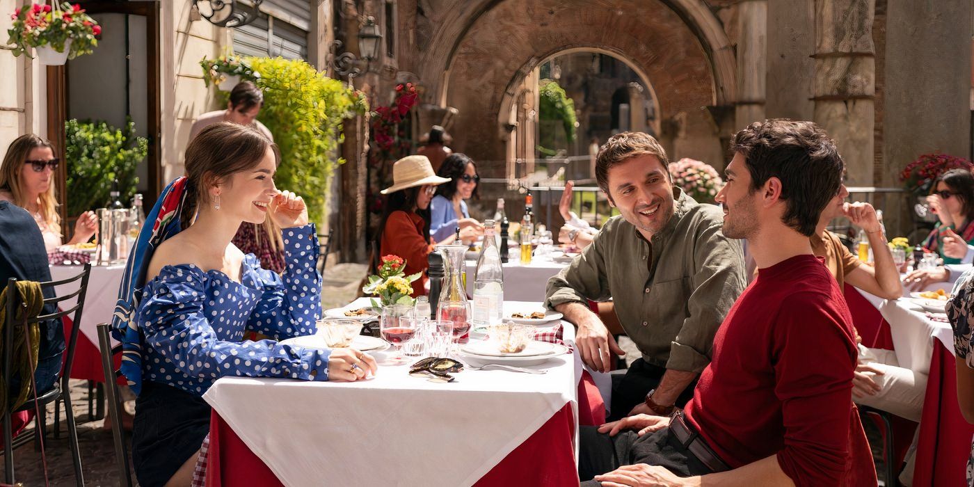 Emily (Lily Collins) and Marcello sit down for a meal in Rome in Emily in Paris season 4, part 2