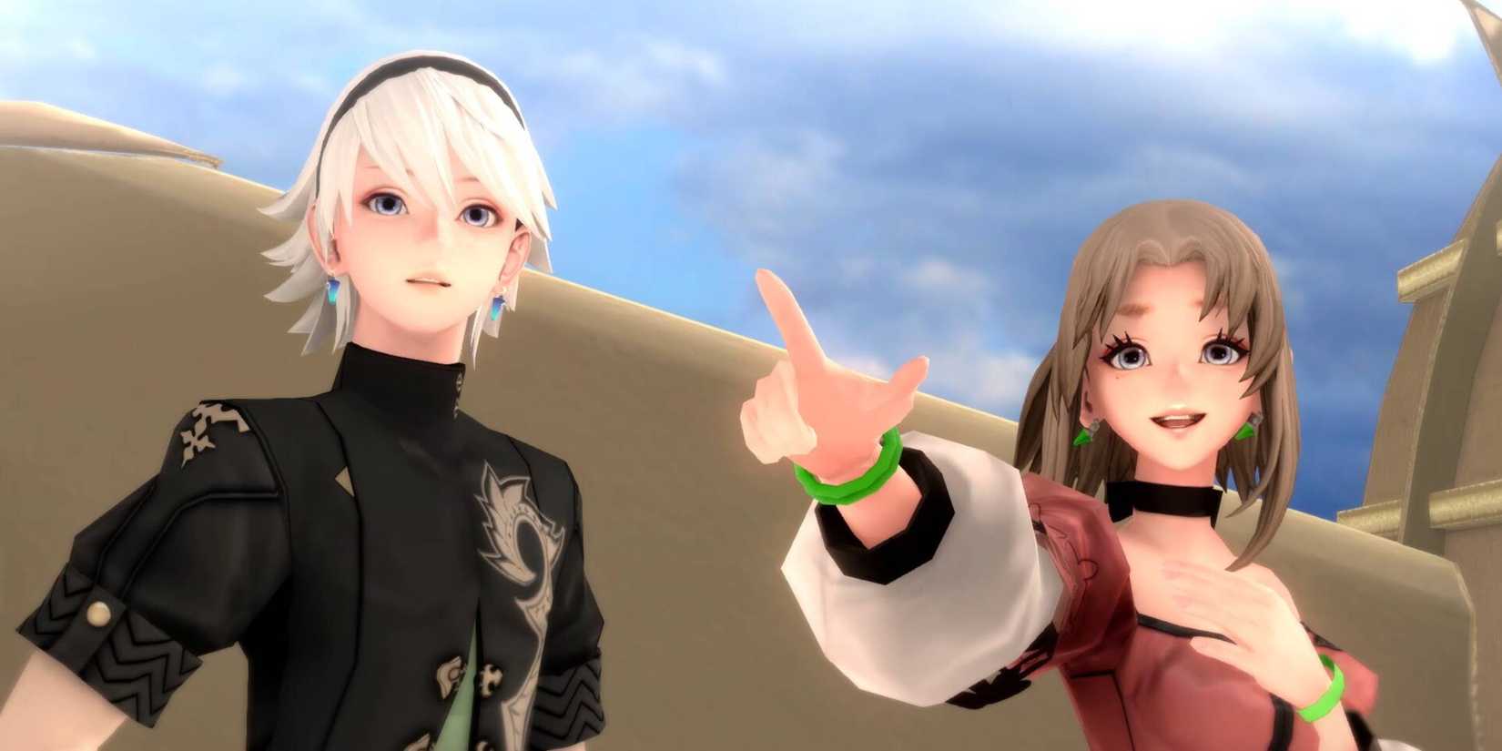 Leo and Kina standing on an airship in Fantasian Neo Dimension.