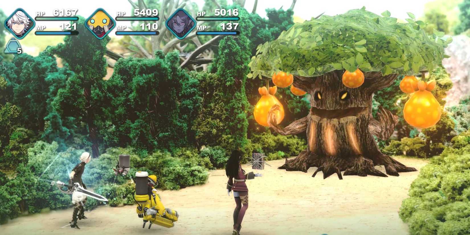 Leo, Prickle and Clicker, and Valrika fighting a giant tree in Fantasian Neo Dimension.