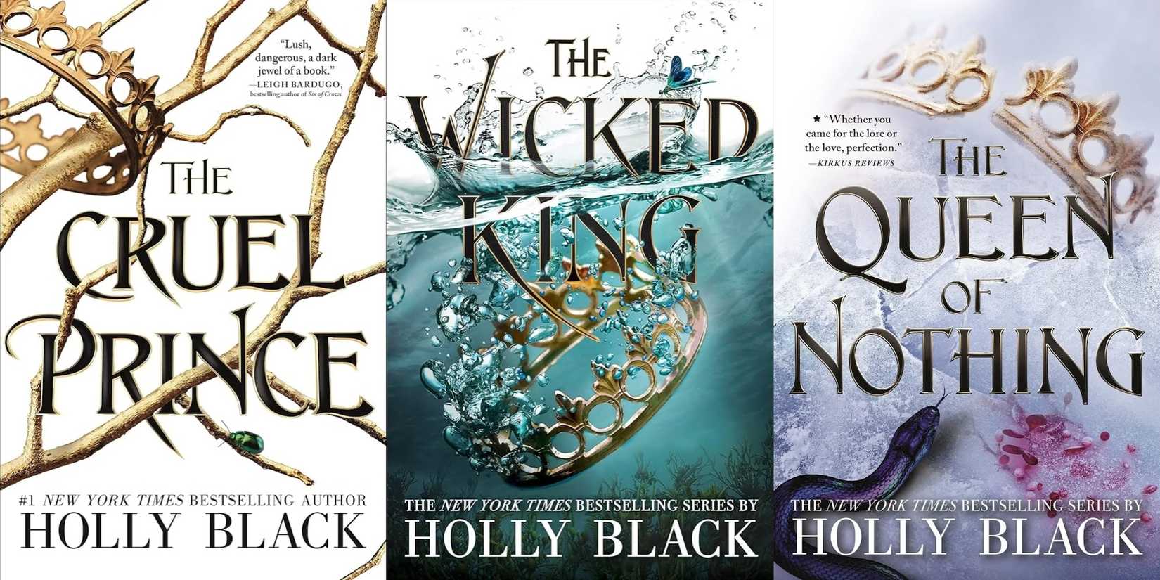 The Cruel Prince, The Wicked King, and The Queen of Nothing book covers are next to each other