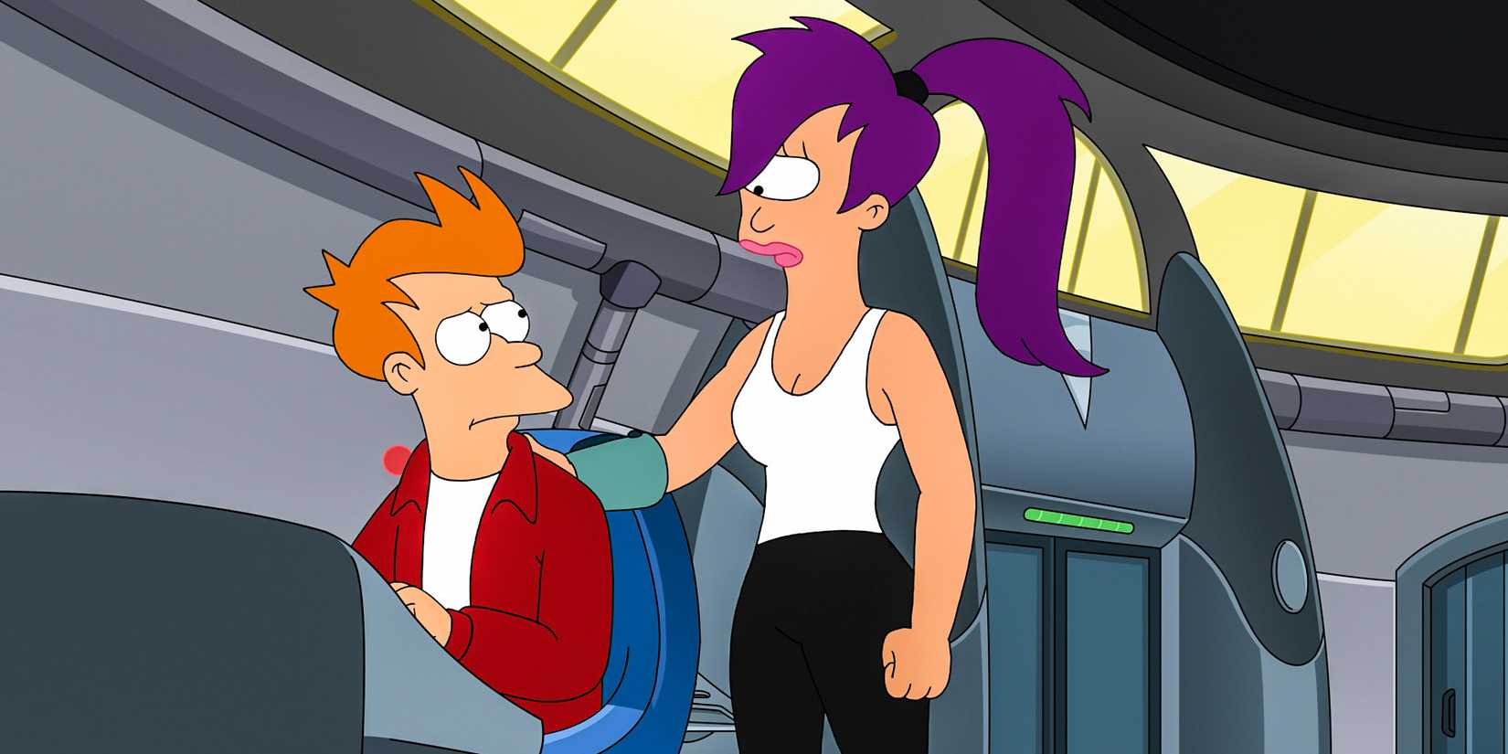 Leela comforting an upset Fry as they sit in the Planet Express ship in Futurama Season 12 Episode 10.