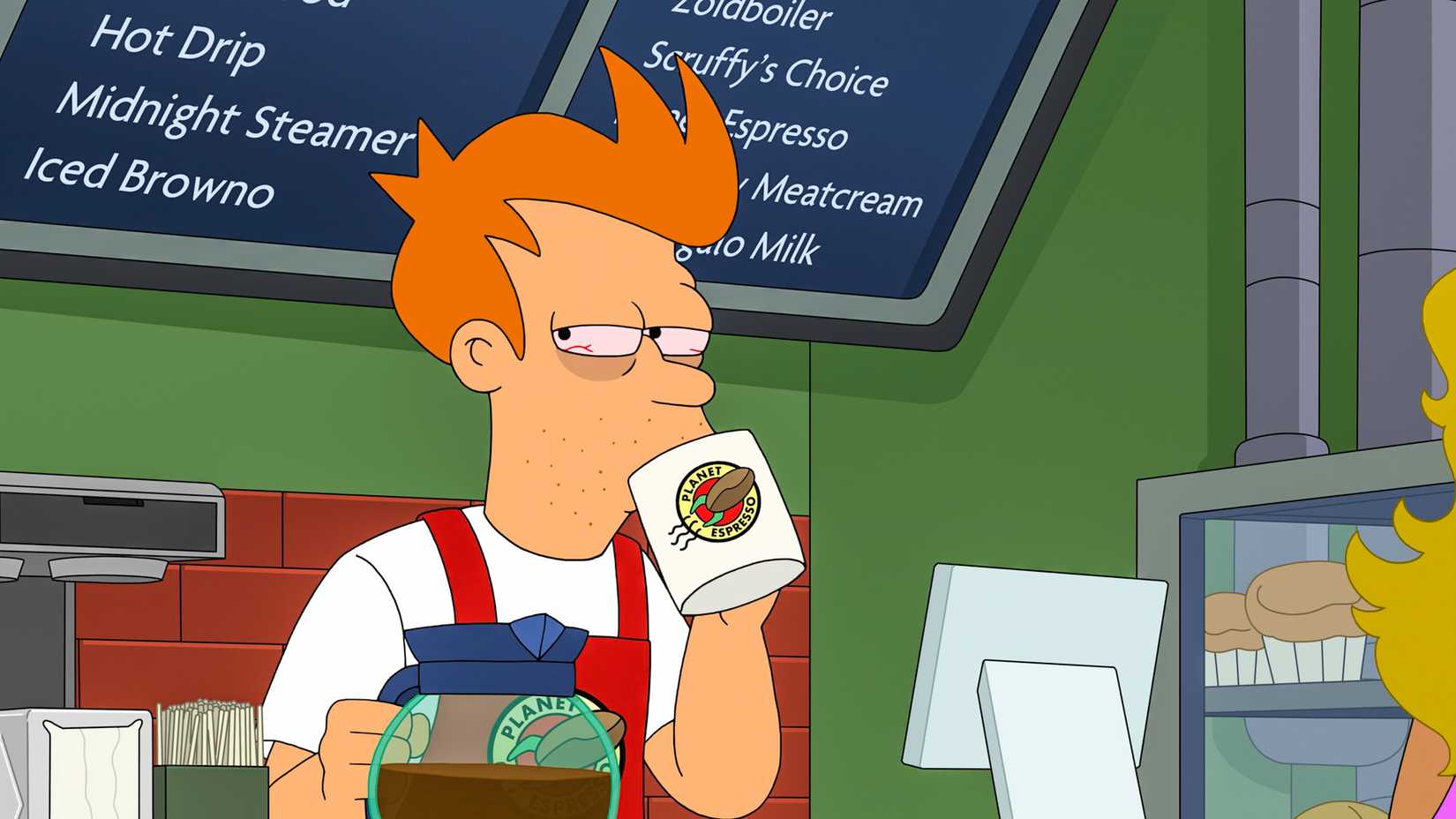 Fry com ressaca e bebendo de uma caneca de café em Futurama.
