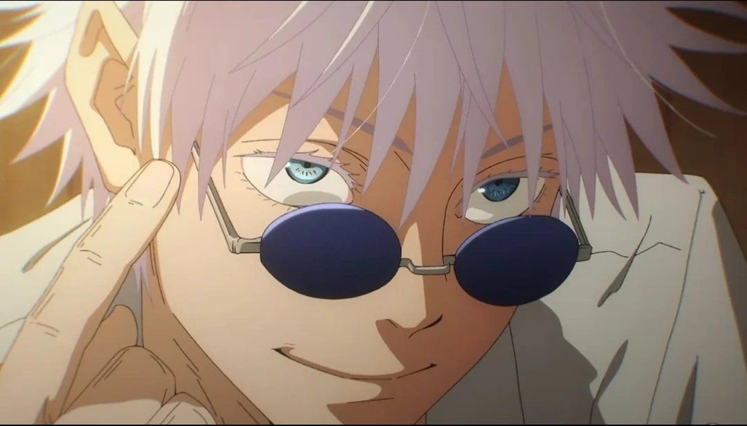 Gojo with sunglasses down as he points at his eyes