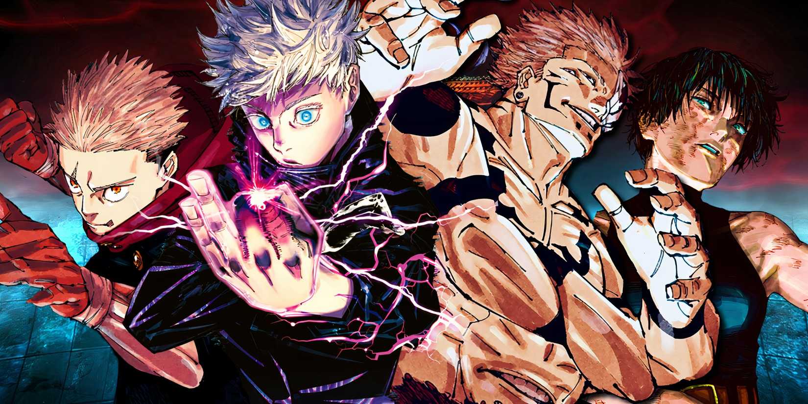 Gojo, Sukuna, Yuji et Maki de Jujutsu Kaisen
