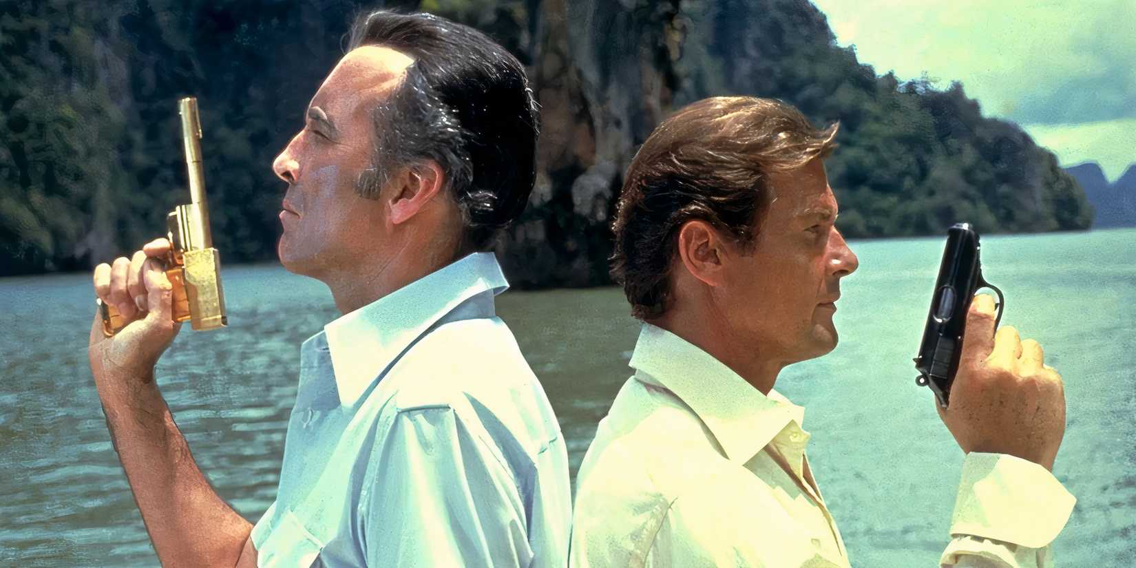 bond and scaramanga stand back to back in the man with the golden gun