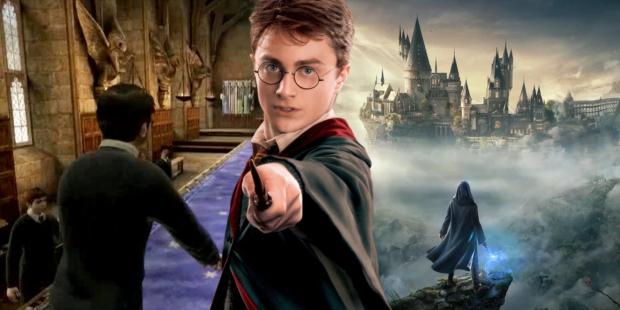 Harry Potter as he appears in the movies, atop a background of half Hogwarts Legacy key art and half PS2 Half-Blood Prince gameplay