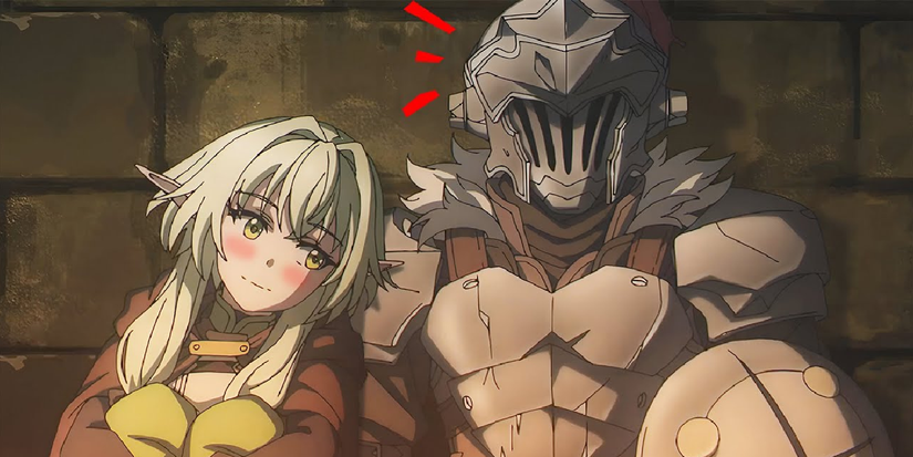 high elf archer touches goblin slayer's shoulder in goblin slayer