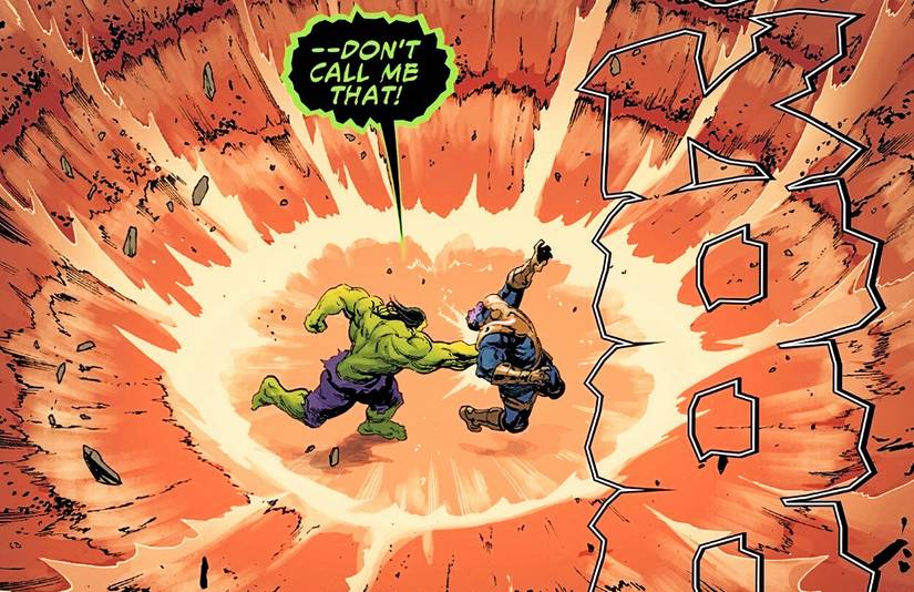 Hulk Annual #1, Hulk punches Thanos in the back and demands not to be called puny
