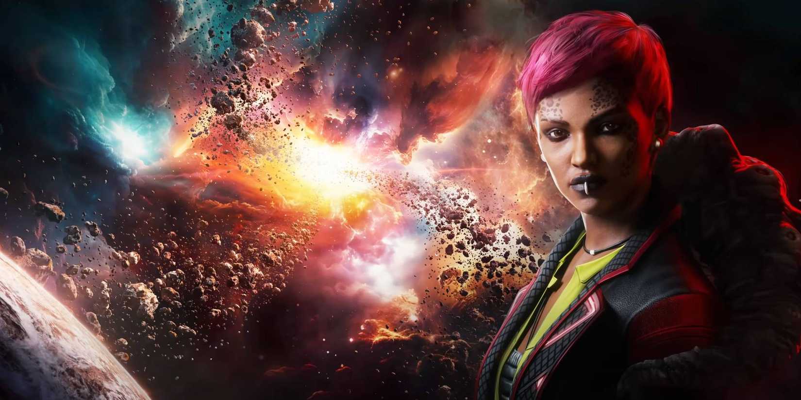 Star Trek Fleet Command showing a woman in front of a galaxy.