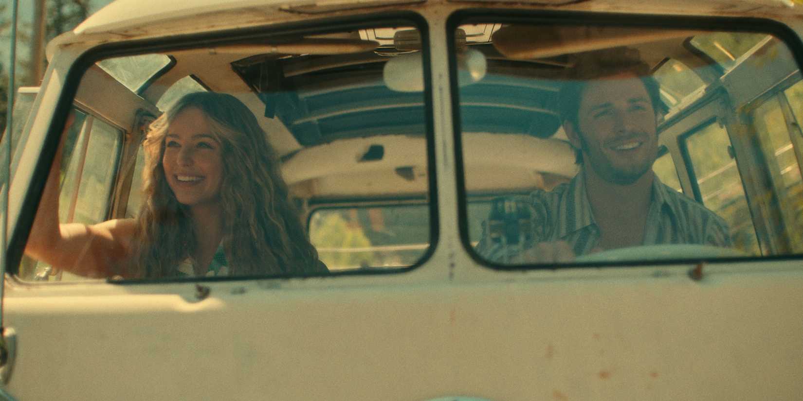 Jessica Rothe and George Kerr as Sarah and Everett, laughing, in Virgin River season 6, episode 2
