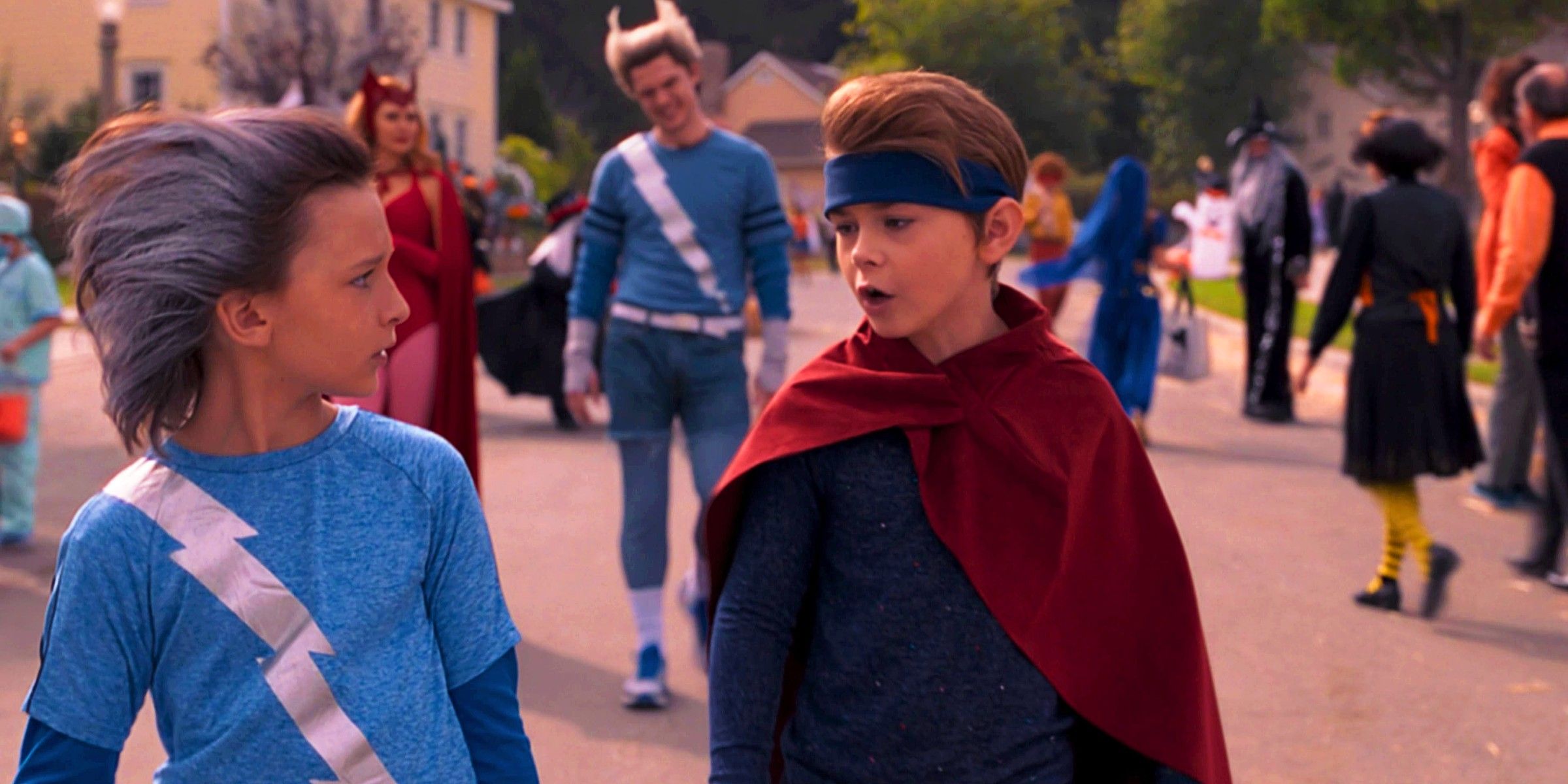 Jett Klyne As Tommy In Classic Quicksilver Costume With Julian Hilliard As Billy Maximoff In Wiccan Costume In WandaVision Episode 6-1