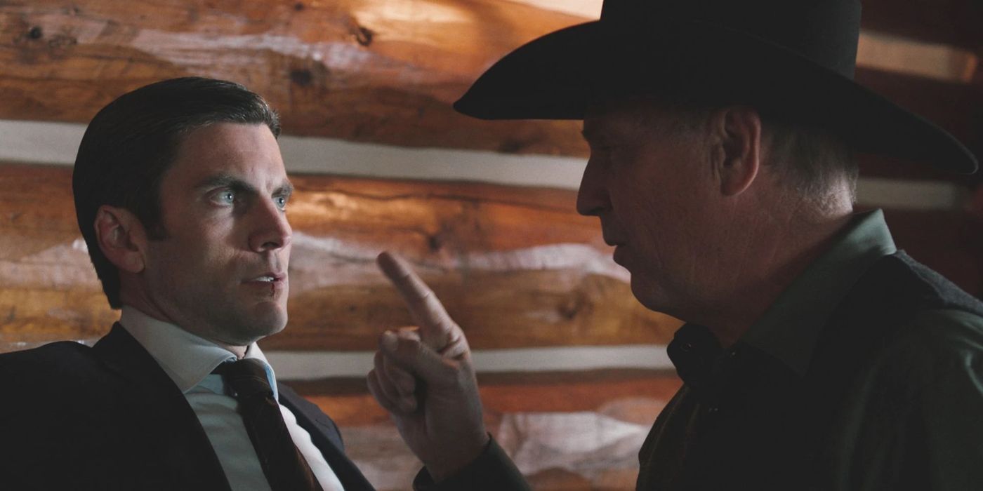 John Dutton (Kevin Costner) yelling at a frightened Jamie (Wes Bentley) in Yellowstone. copy