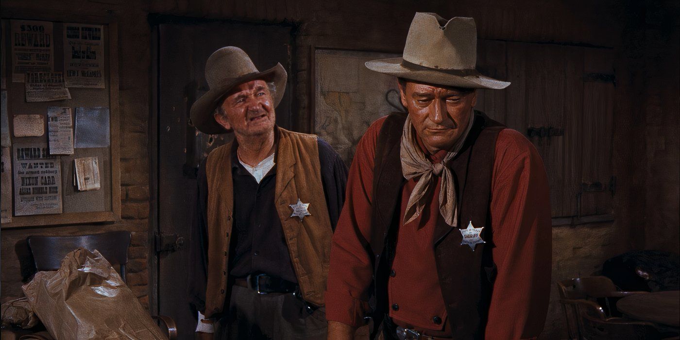 John Wayne e Walter Brennan em um faroeste, ambos usando chapéus de cowboy e distintivos de xerife em uma sala mal iluminada 